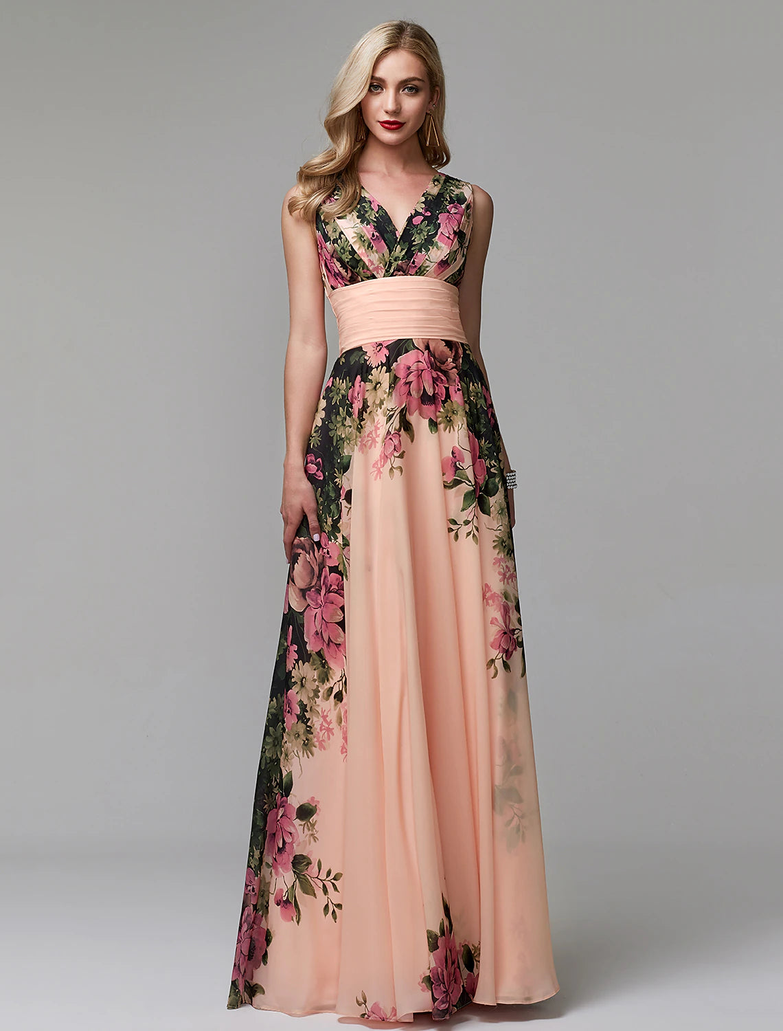 Side view of the elegant A-line floral chiffon dress on a model.