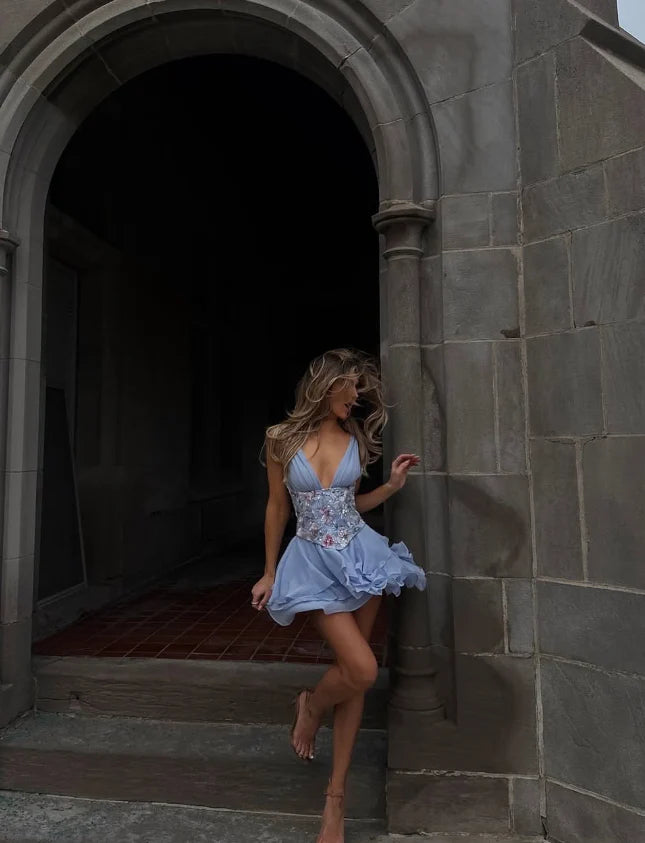 Light blue A-line homecoming dress with floral embroidered corset bodice.