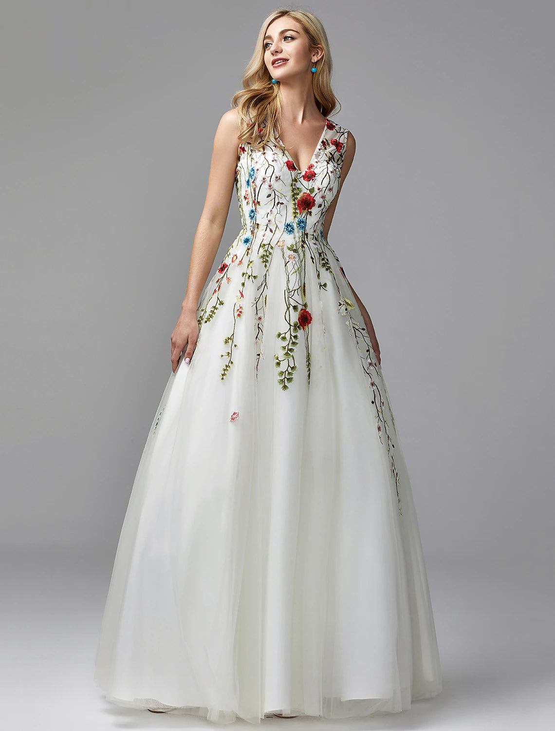 Elegant A-Line V-Neck floral lace floor length dress.
