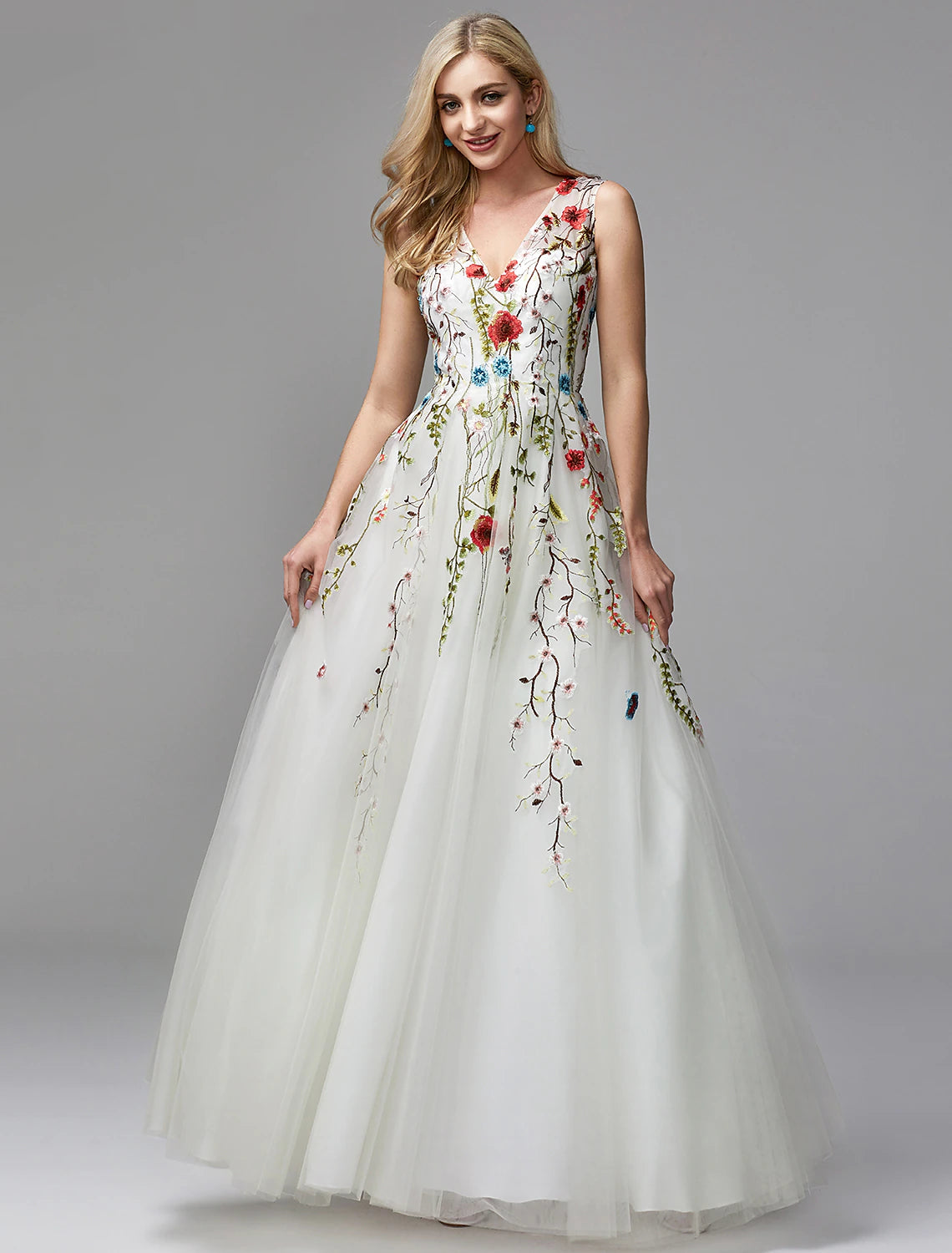 Back view of A-Line V-Neck floral lace dress with embroidery.