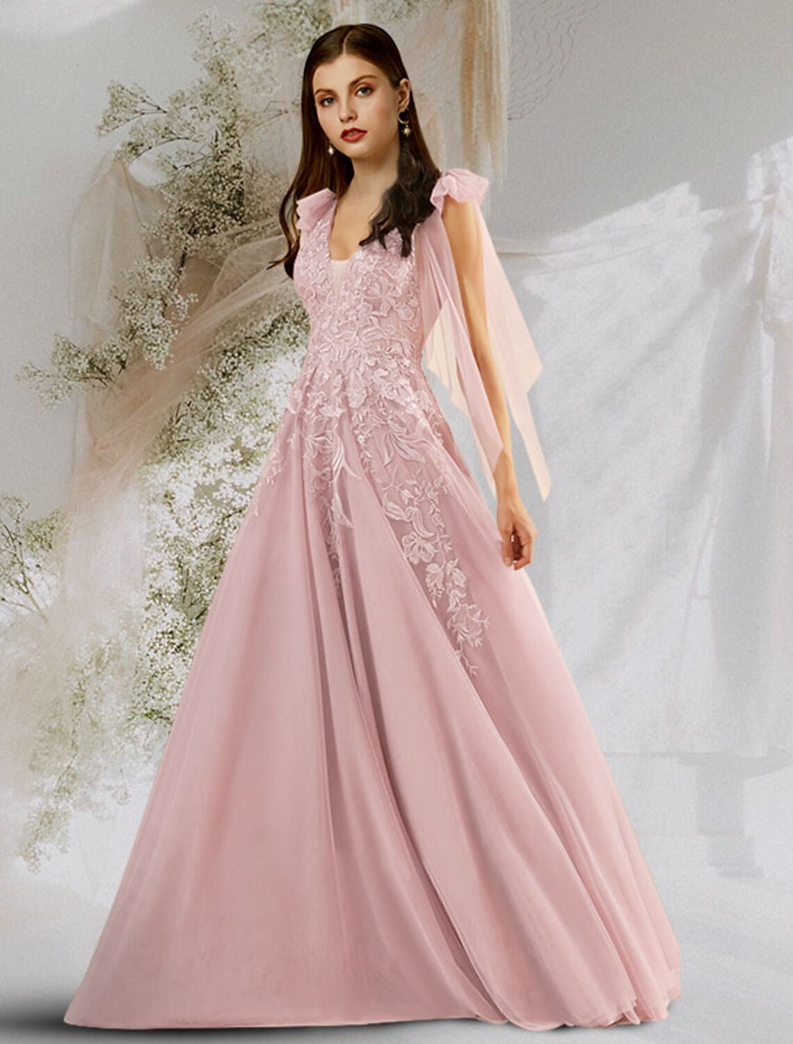 Elegant A-line V-neck prom dress with floral appliques.