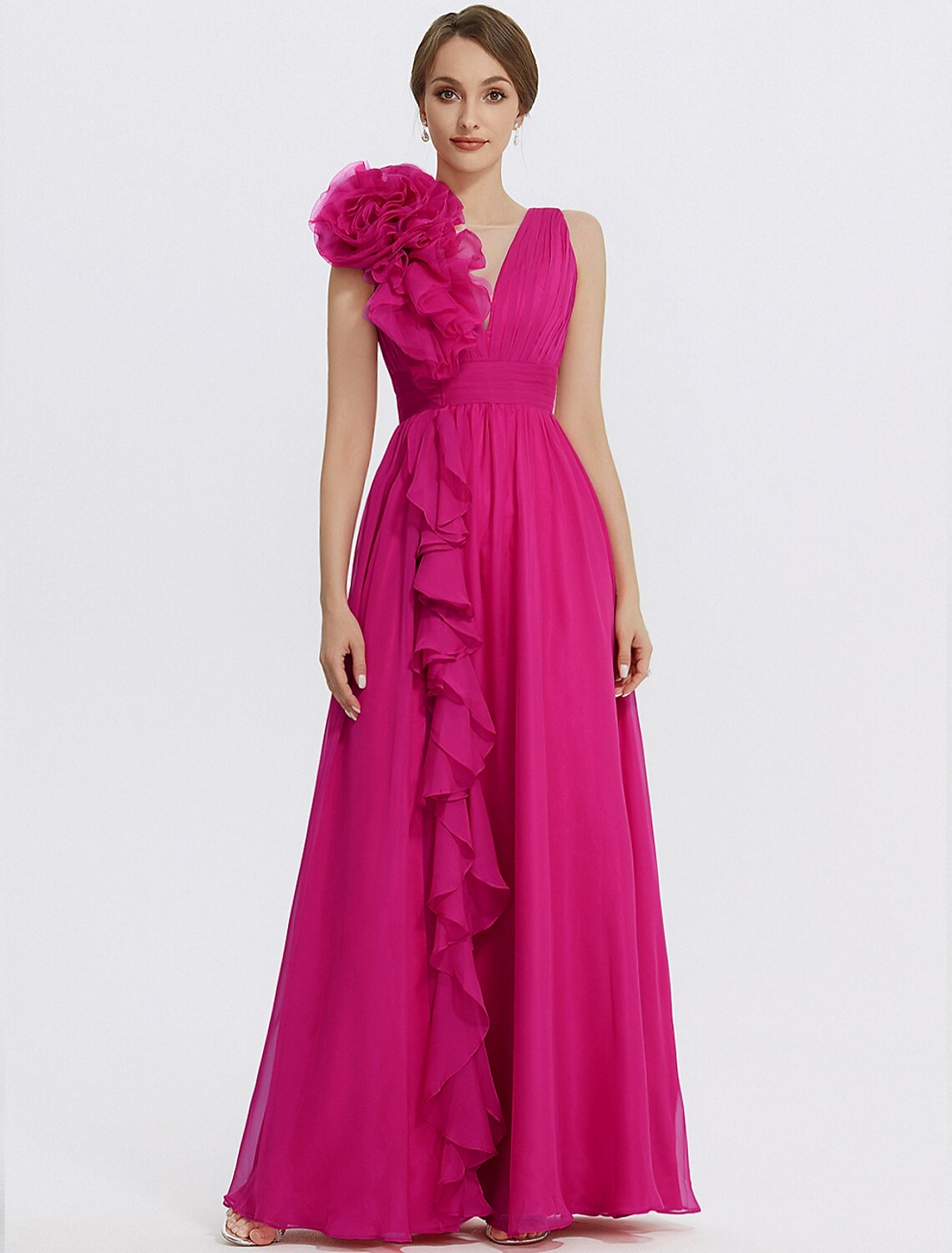 Elegant A-line floral evening gown with V-neck and ruched appliques.