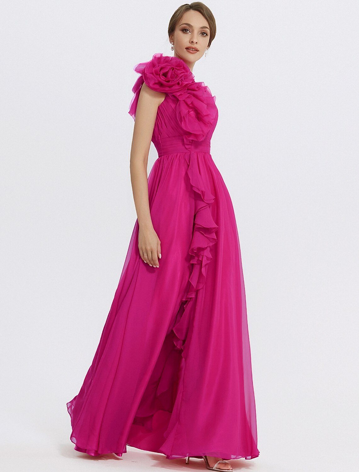 Full length view of a floral formal gown for special occasions.