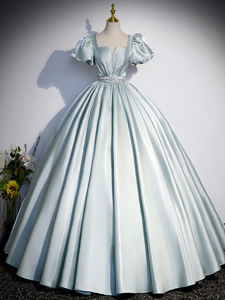 Elegant A-line satin long prom dress with V-neckline.