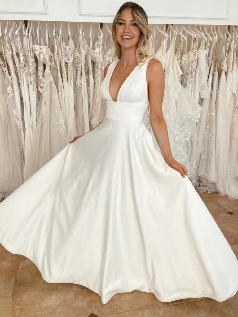 Back view of an elegant A-line V-neck white satin long dress.