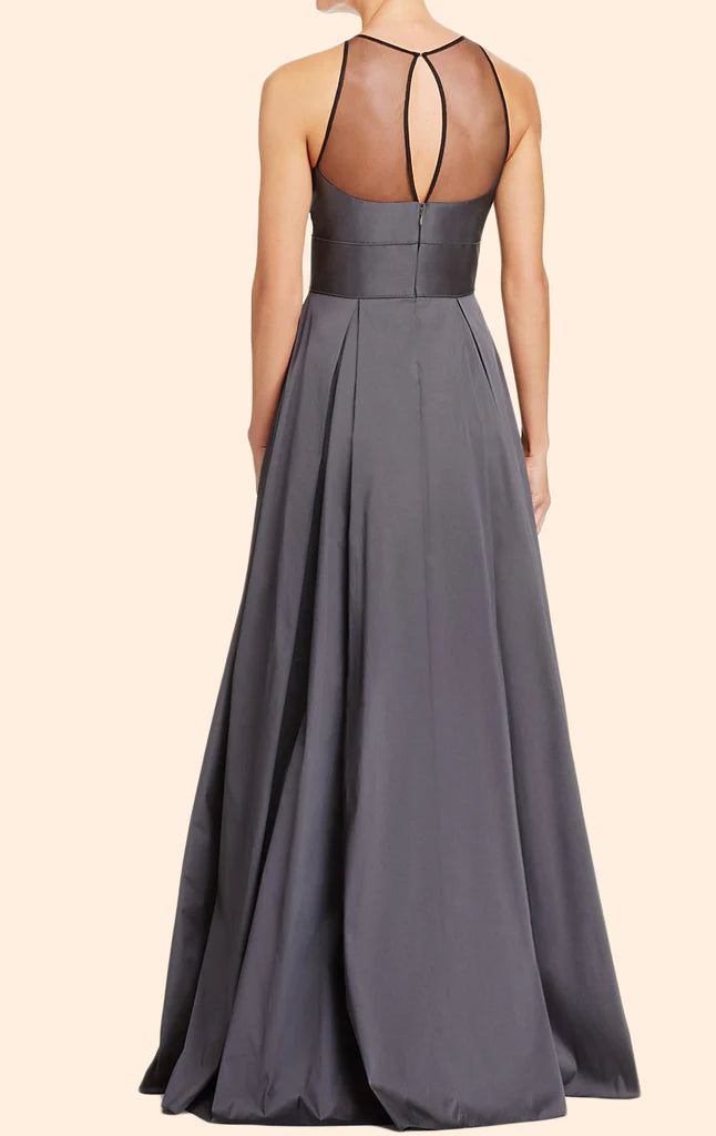 Elegant navy A-line V-neck formal dress with flowing skirt.
