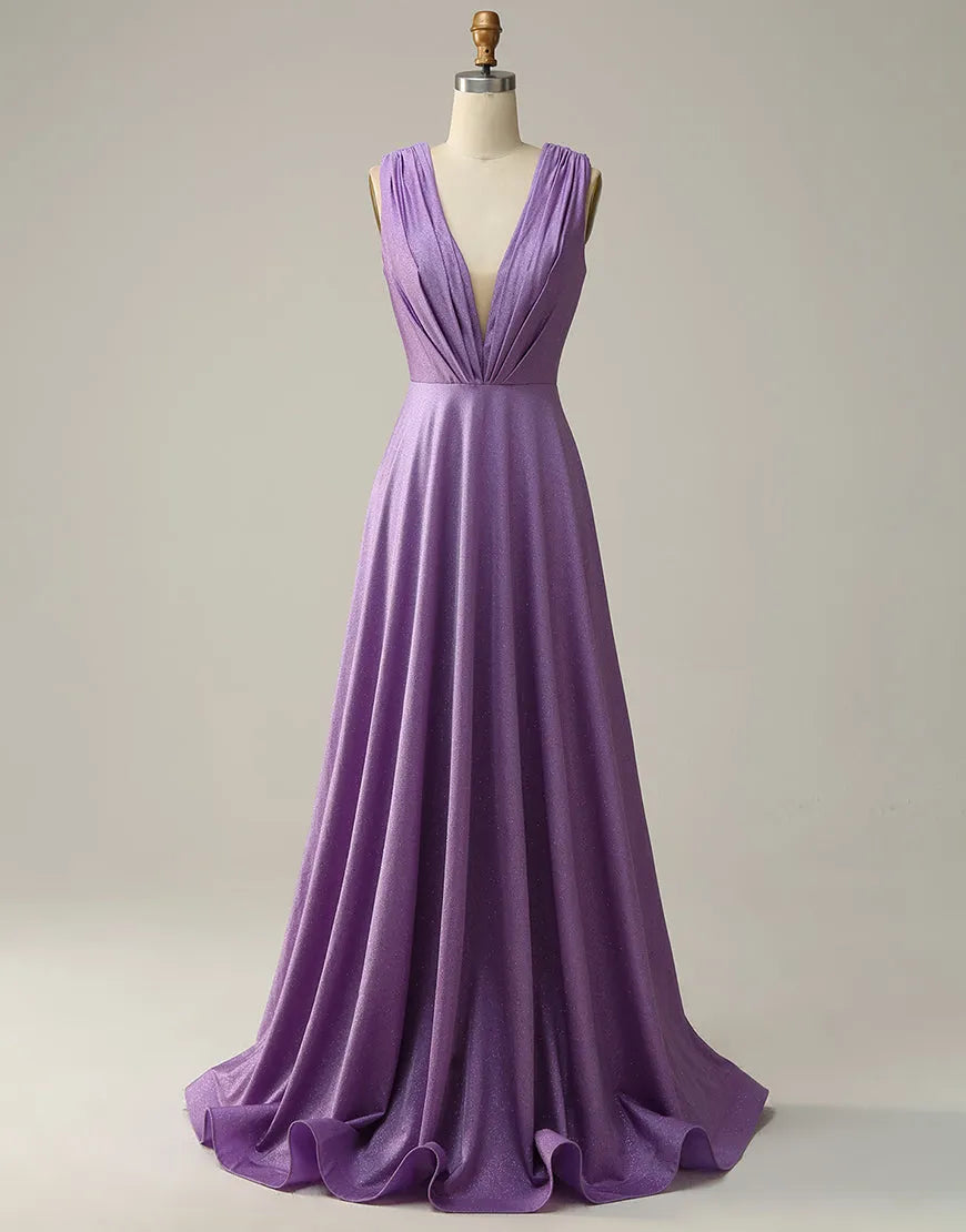 Purple A-line V-neck glitter prom dress with pleating, front view.