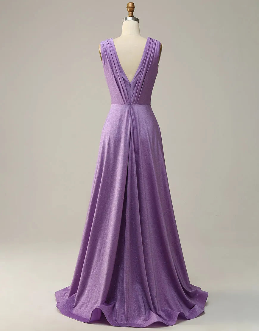 Back view of a purple A-line V-neck glitter prom dress.