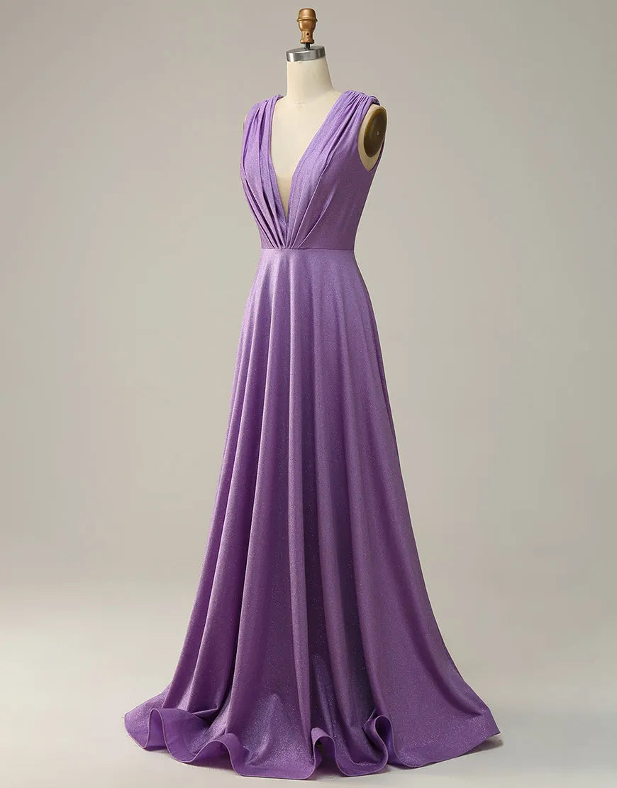 Side view of a purple A-line V-neck glitter prom dress.