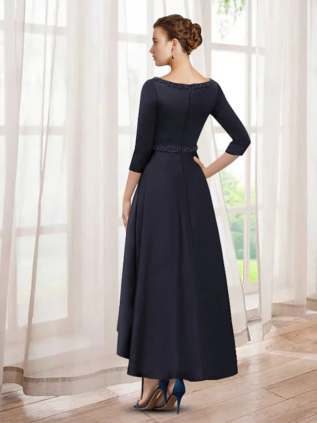Full view of the A-Line Mother of the Bride dress, highlighting the high-low tea length and satin fabric.