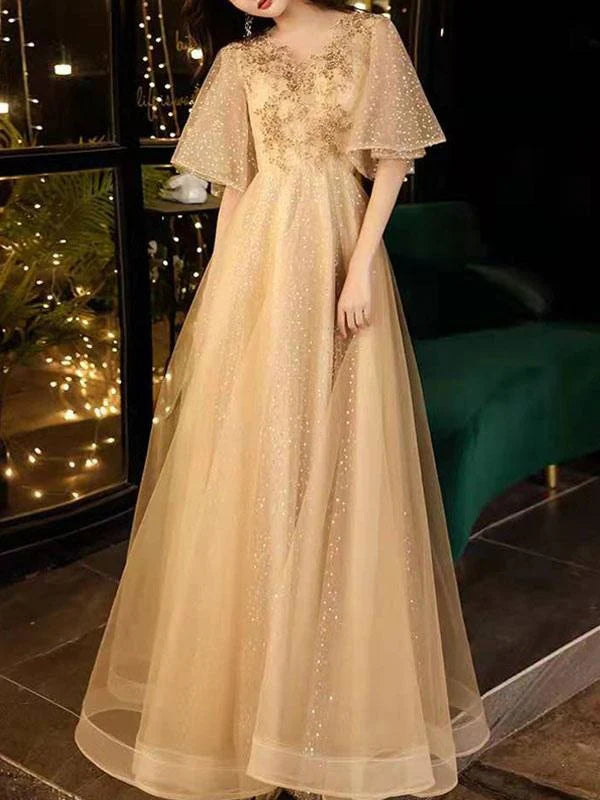 Full view of the A-Line V-Neck Tulle Half Sleeves Beaded Prom Dress.