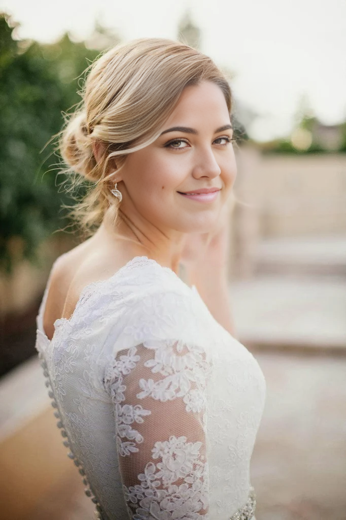 Close-up of the beaded lace bodice and half sleeves on an ivory A-line wedding dress.