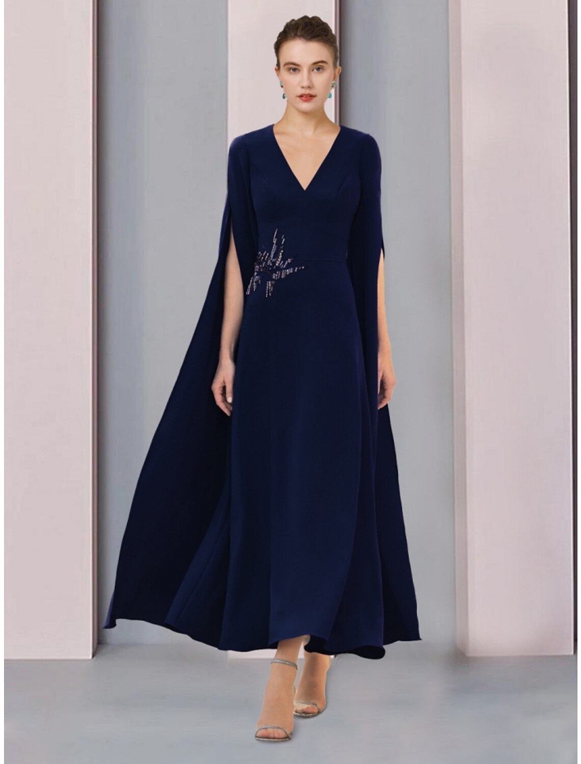 Elegant A-line Mother of the Bride dress with V-neck, half sleeves, and sequin ruching.