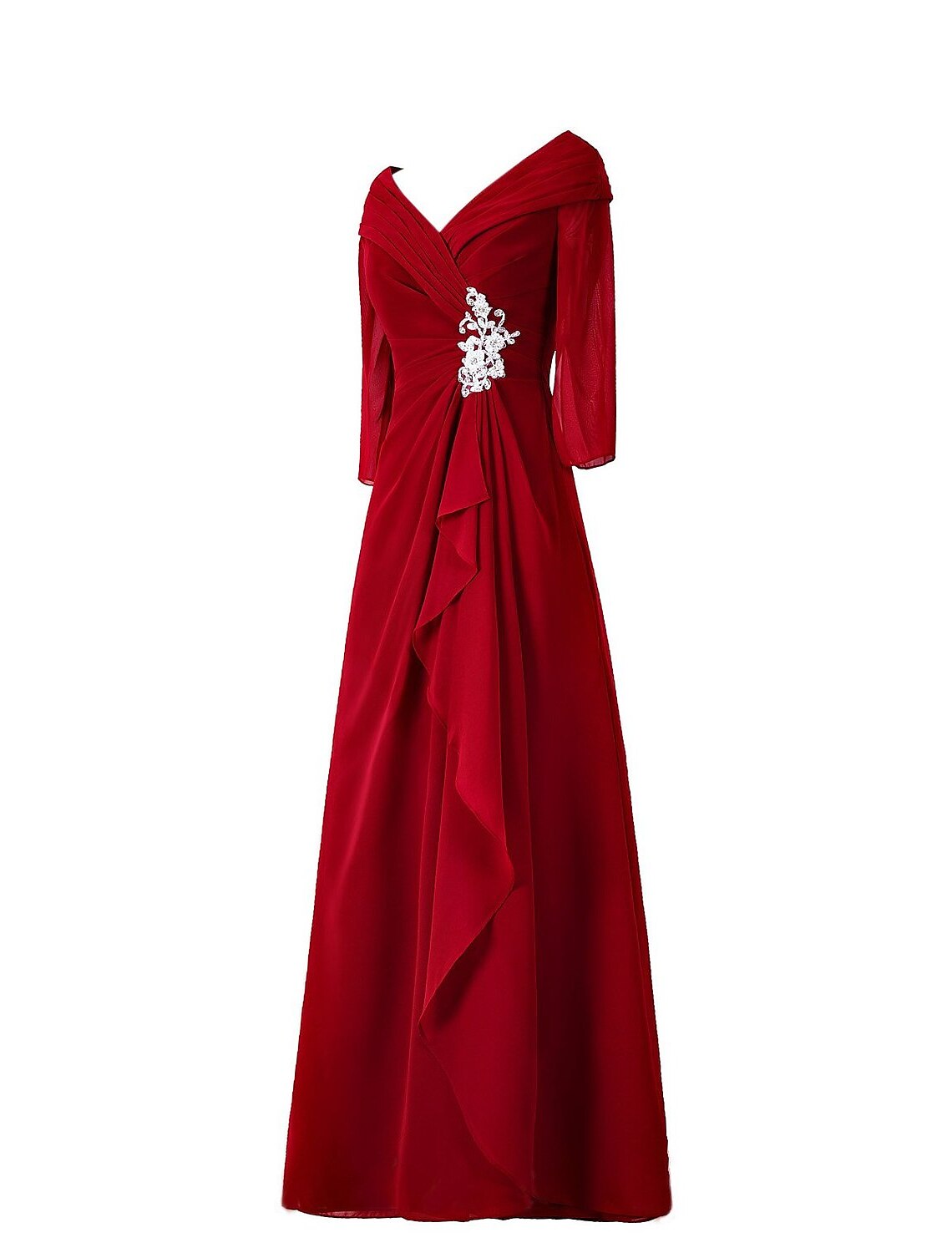 Side profile of the minimalist chiffon gown, showing appliques.