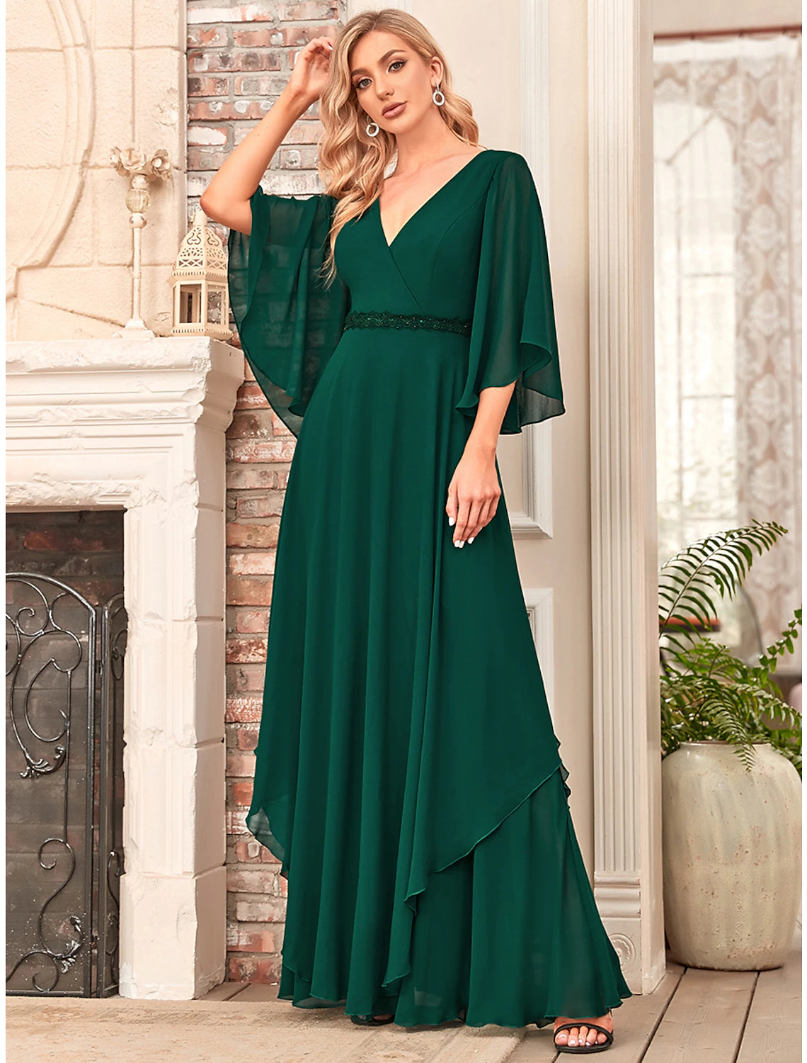 Back view of the A-Line chiffon gown, showcasing its flowing silhouette.