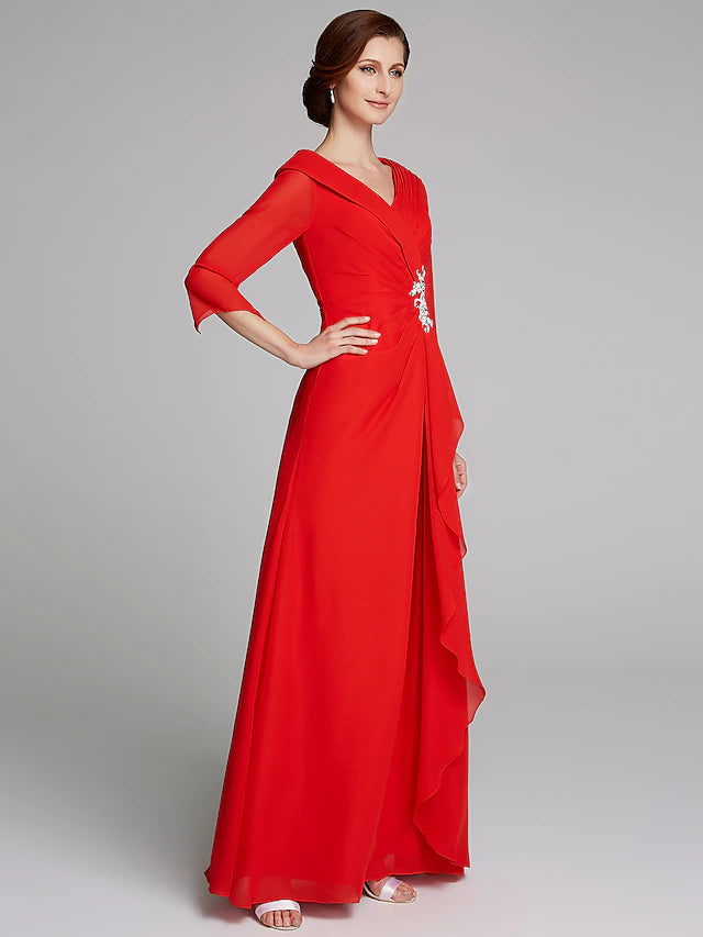 Back view of a flowing chiffon A-line gown with delicate appliques.