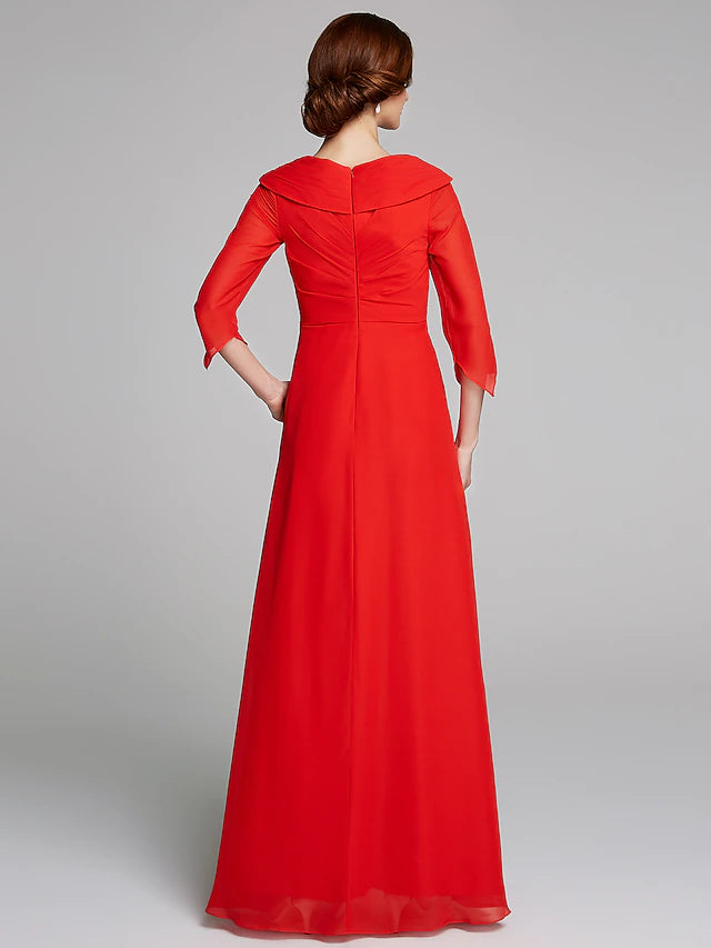 Side profile of a floor-length mother of the bride dress.