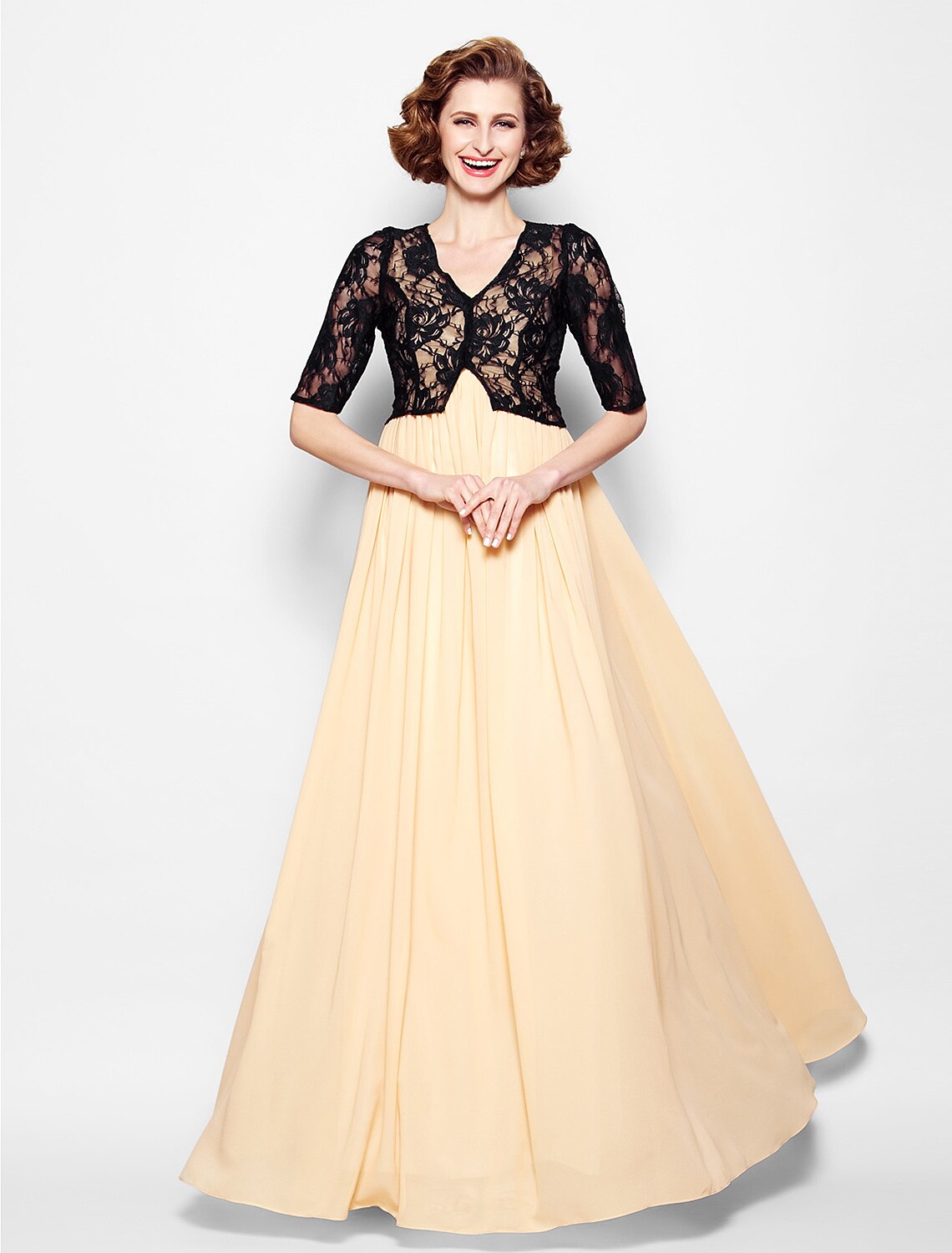 Elegant A-line mother of the bride dress with V-neck and half sleeves.