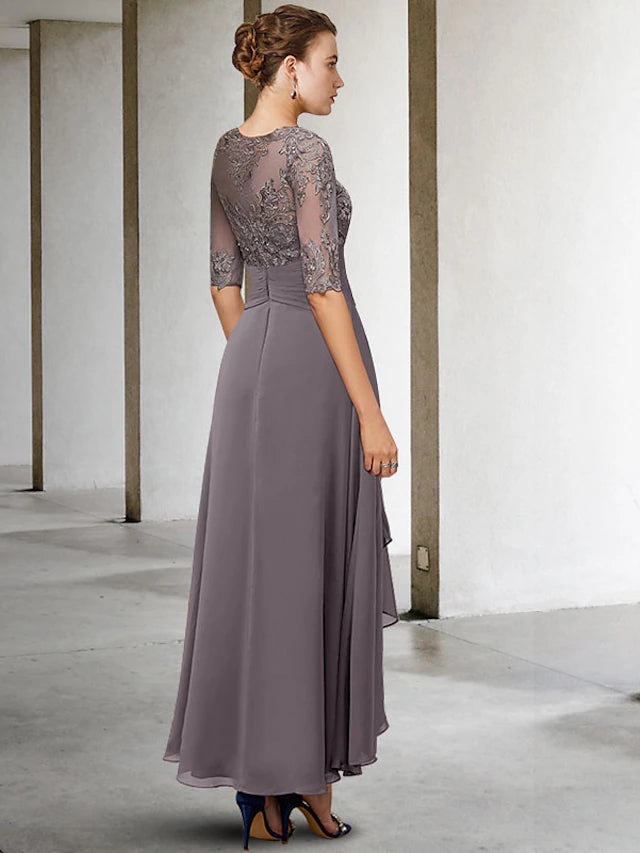 Plus size chiffon lace gown with high-low asymmetrical hem.