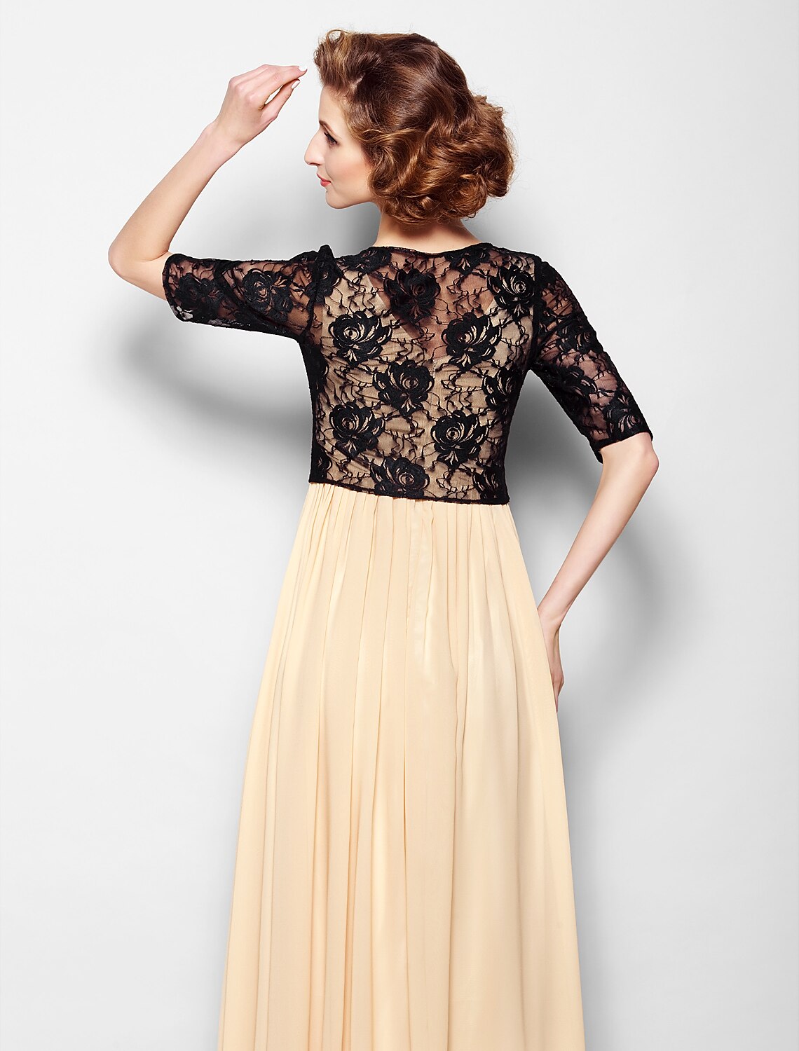 Woman walking in the formal V-neck half sleeve dress.