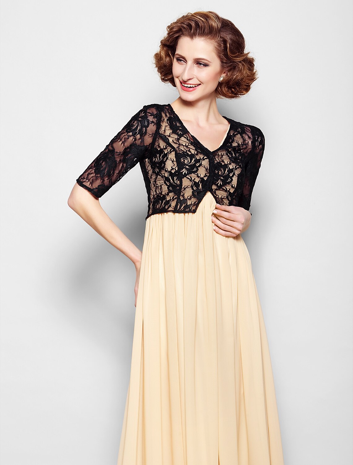 Detailed view of the A-line silhouette and chiffon fabric.