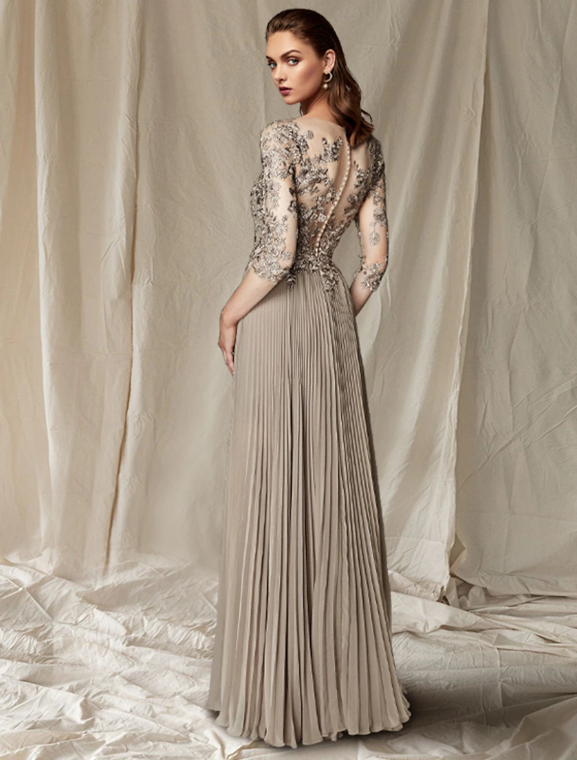 Plus size floor-length formal dress with delicate pleats.
