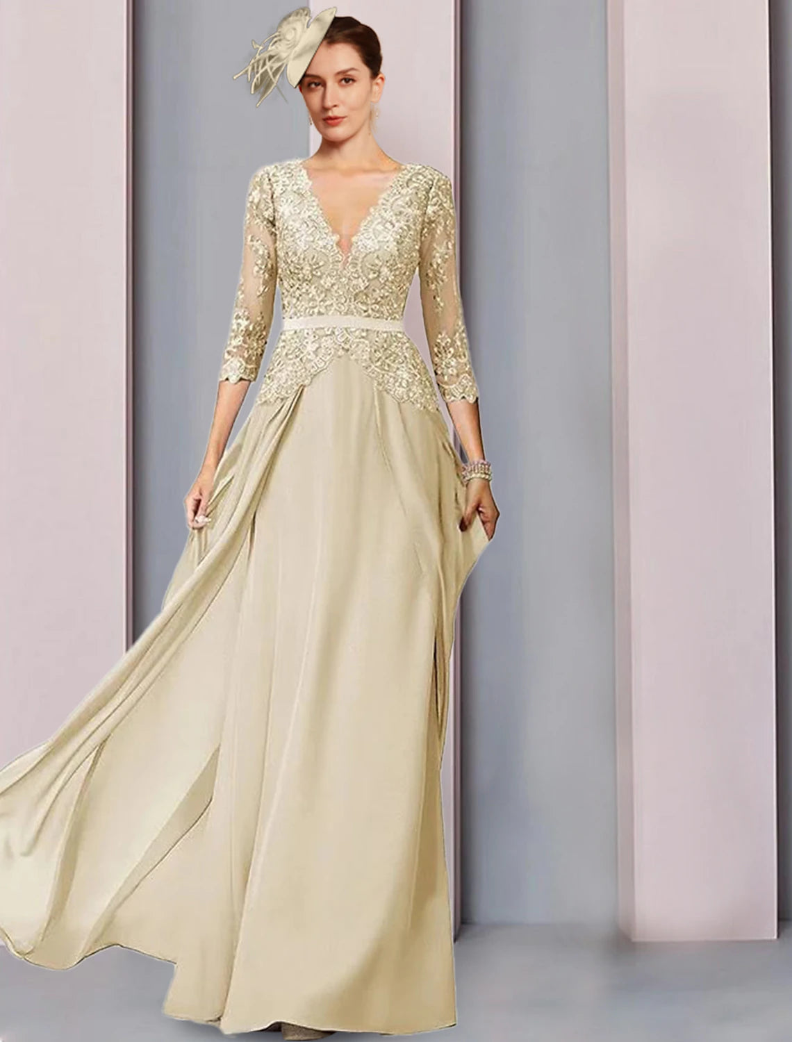 Elegant A-Line V-neck chiffon dress with half sleeves and lace ruching.