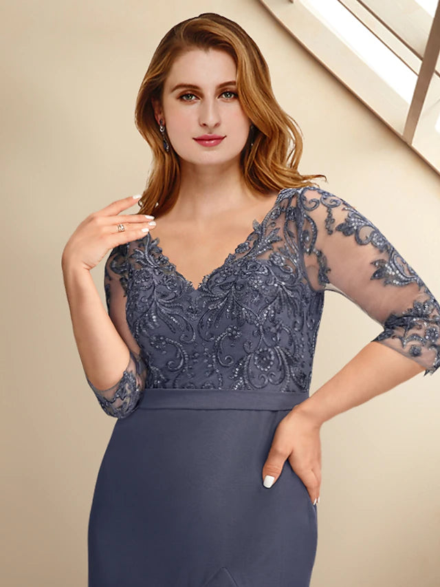 Back view of a plus size ankle-length mother of the bride dress.