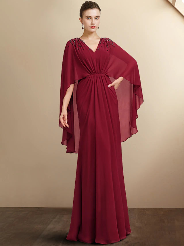 Elegant A-Line Mother of the Bride gown with V-neck and half sleeves.