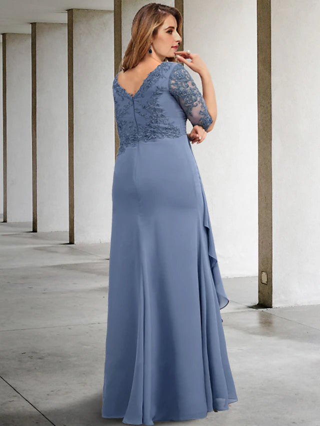 Close-up of the V-neckline and half sleeves on a chiffon Mother of the Bride dress.