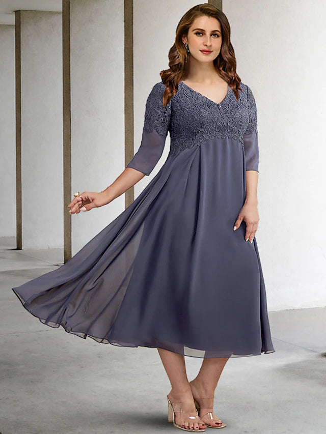 Side view of the formal A-line dress, highlighting the flowing chiffon skirt.
