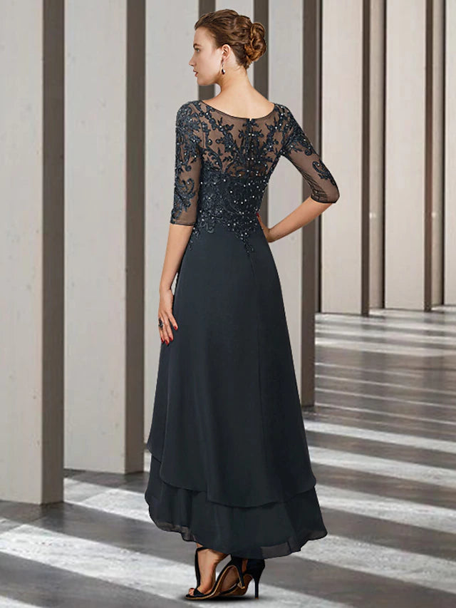 Side view of an A-Line Mother of the Bride dress featuring a V-neck, half sleeves, and intricate lace details.