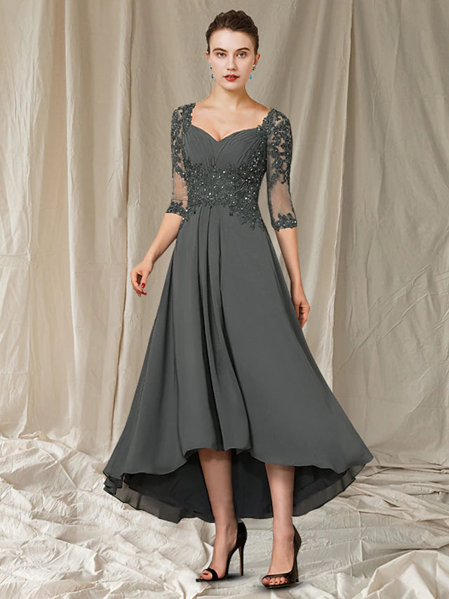 Elegant A-line Mother of the Bride dress with V-neck and high-low hem.
