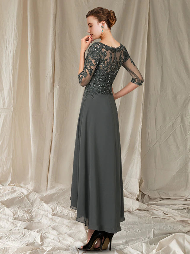 Elegant A-line Mother of the Bride dress with V-neck and high-low hem.