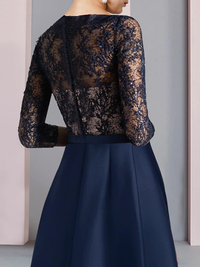 Side view of the A-line V-neck half sleeve high-low tea length dress, highlighting asymmetrical hem.