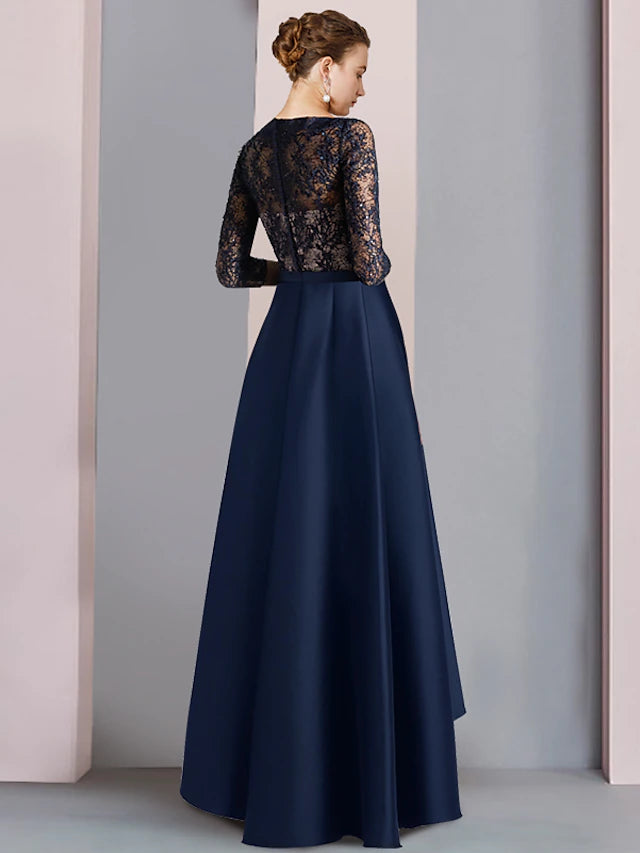 Close-up of the satin and lace fabric on the A-line V-neck half sleeve dress.