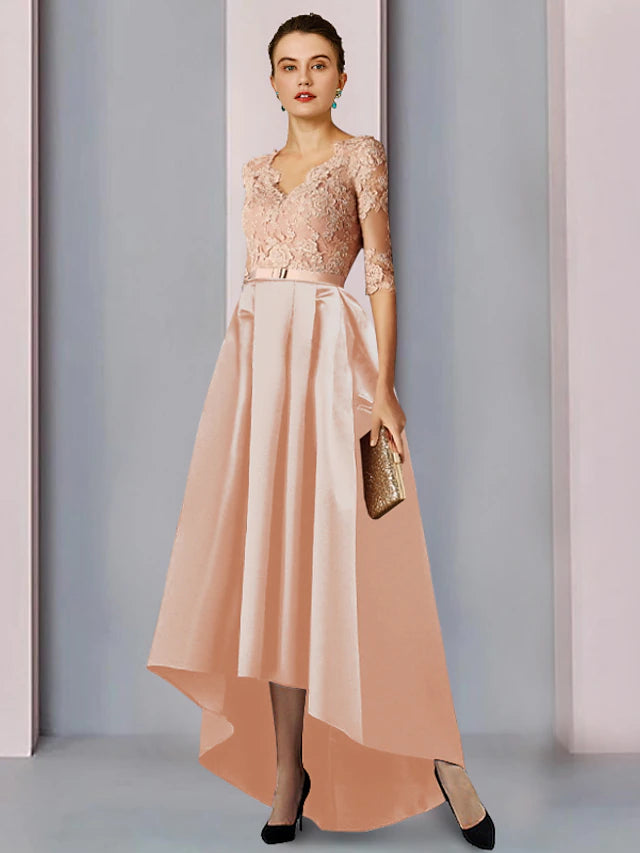 Elegant A-line Mother of the Bride dress with V-neck, half sleeves, high-low hem, and ruching.
