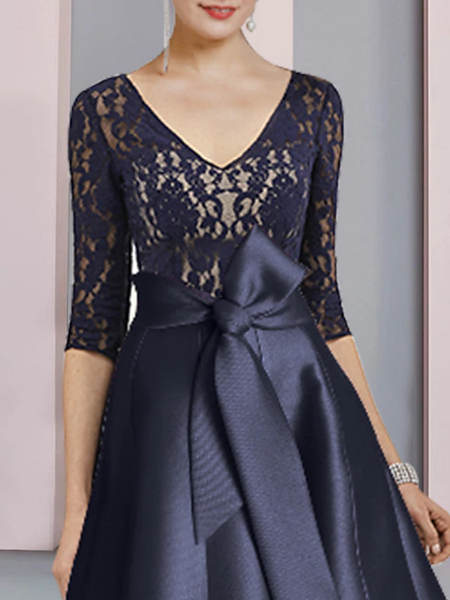 Side view of the elegant A-Line dress, highlighting the satin and lace details.