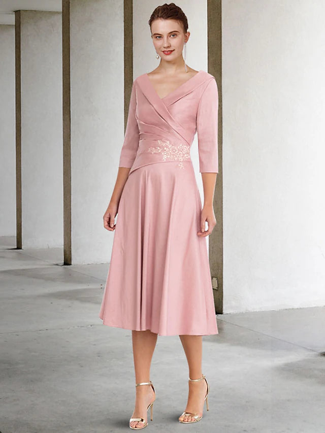 Elegant A-Line V-Neck Half Sleeve Lace Tea Length Mother of the Bride Dress.