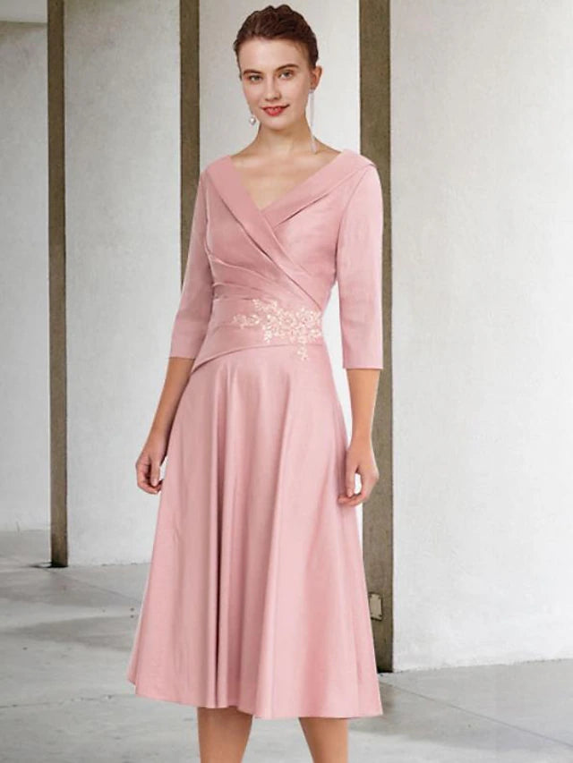 Side view of the A-Line V-Neck Half Sleeve Lace Tea Length Mother of the Bride Dress.