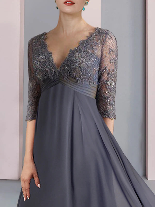 A-Line Mother of the Bride dress showing lace and beading details.