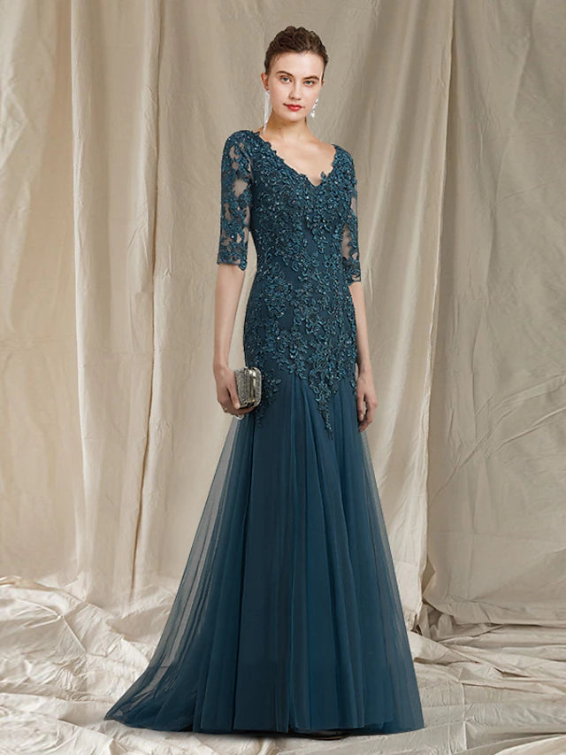 Elegant A-Line Mother of the Bride dress with V-neck, half sleeves, lace, and tulle fabric.
