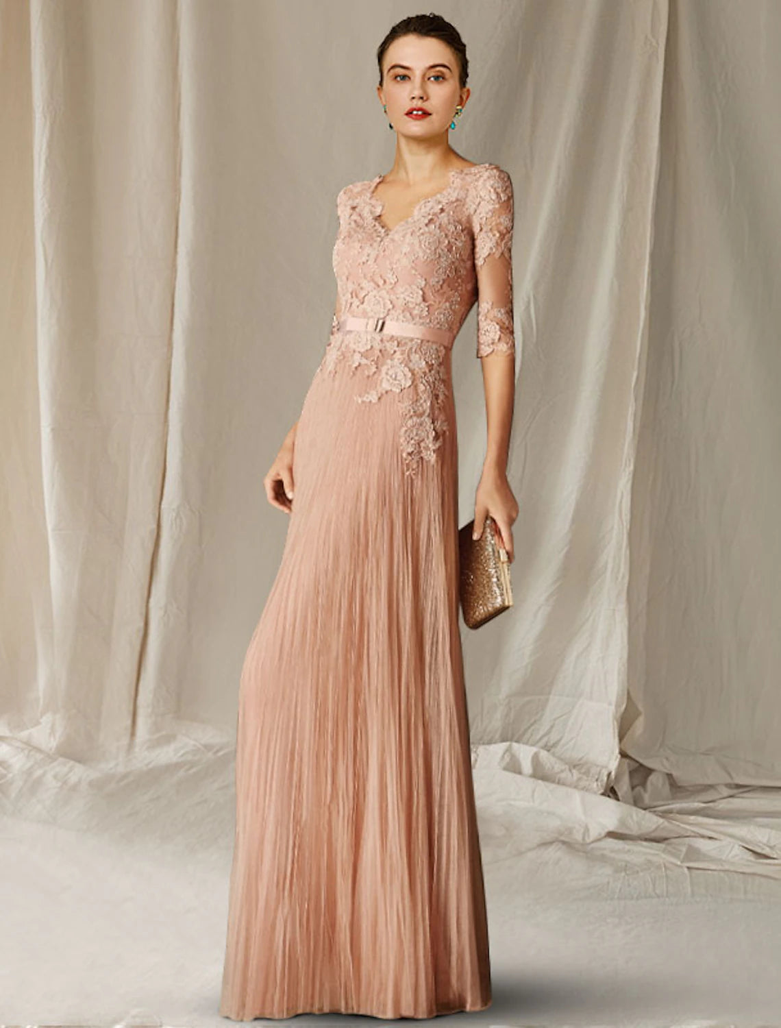 Elegant A-Line V-neck half sleeve lace tulle gown with appliques.
