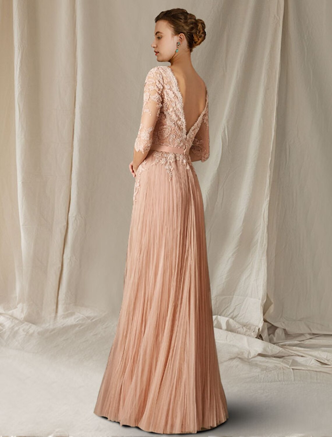 Full view of the luxurious A-Line V-neck lace tulle dress for weddings.