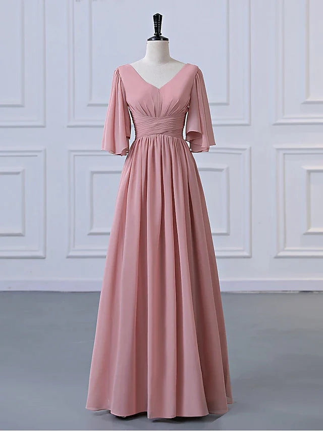 Elegant A-line V-neck half sleeve chiffon bridesmaid dress with pleats and ruffles.
