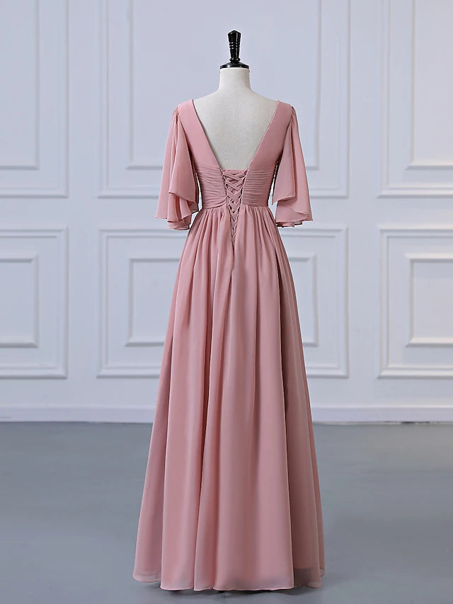 Back view of an A-line V-neck half sleeve chiffon bridesmaid dress.