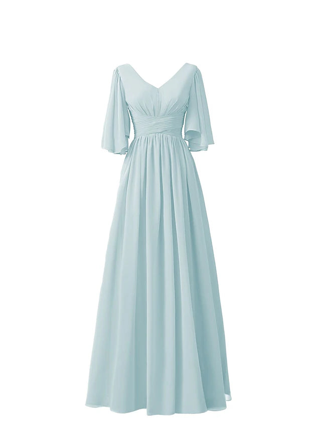 Side view of an A-line V-neck half sleeve chiffon bridesmaid dress.