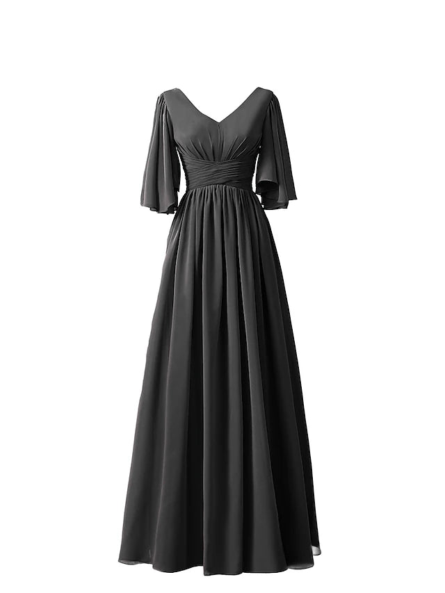 Close-up of the V-neckline and half sleeve on a chiffon bridesmaid dress.
