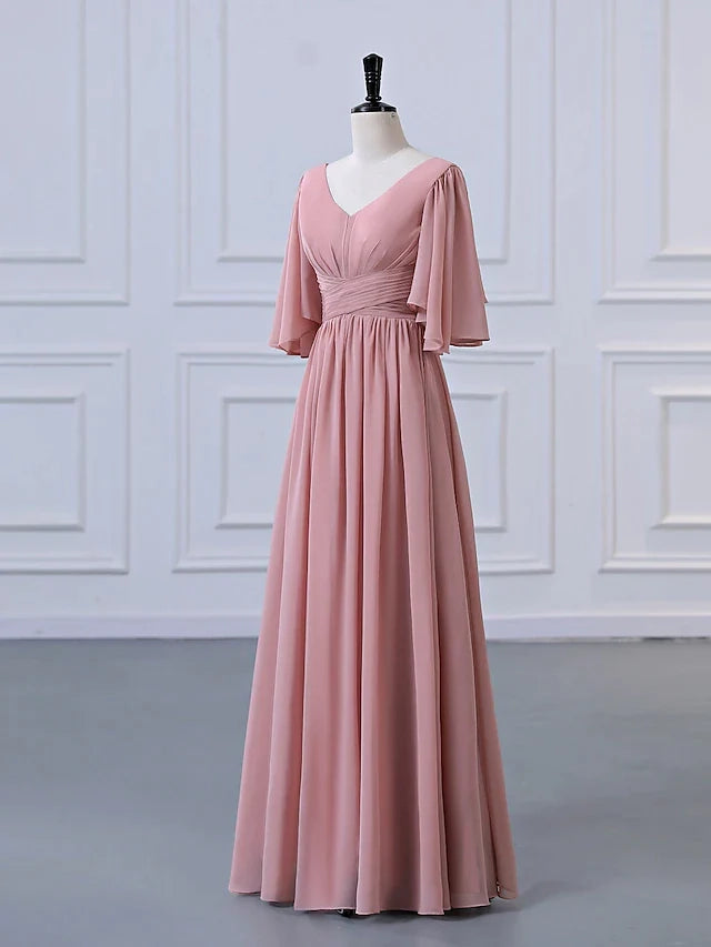 Full length view of an A-line V-neck half sleeve chiffon dress.