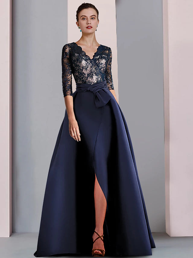 Elegant A-line Mother of the Bride dress with V-neck and half sleeves.